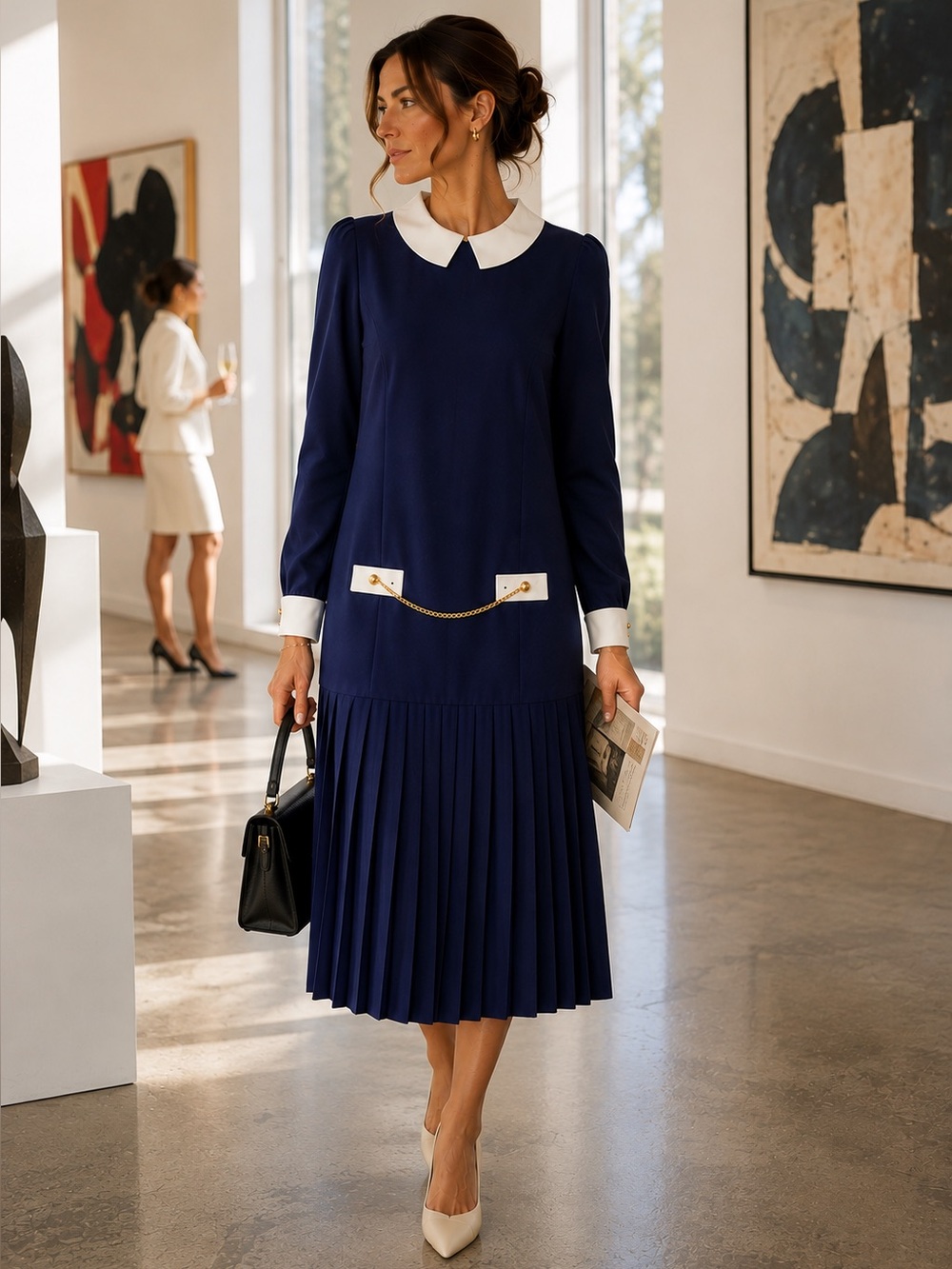 Liz Roberts Blue Size 12 Midi Dress Peter Pan Collar Pleated Mod 80s Preppy NOS
